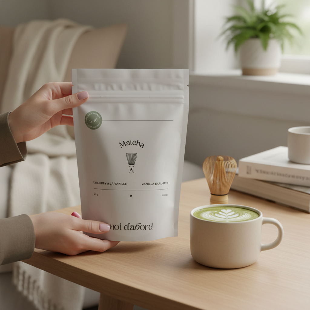 Mains tenant le sachet Earl Grey Vanille Moi d'abord avec un latte élégant