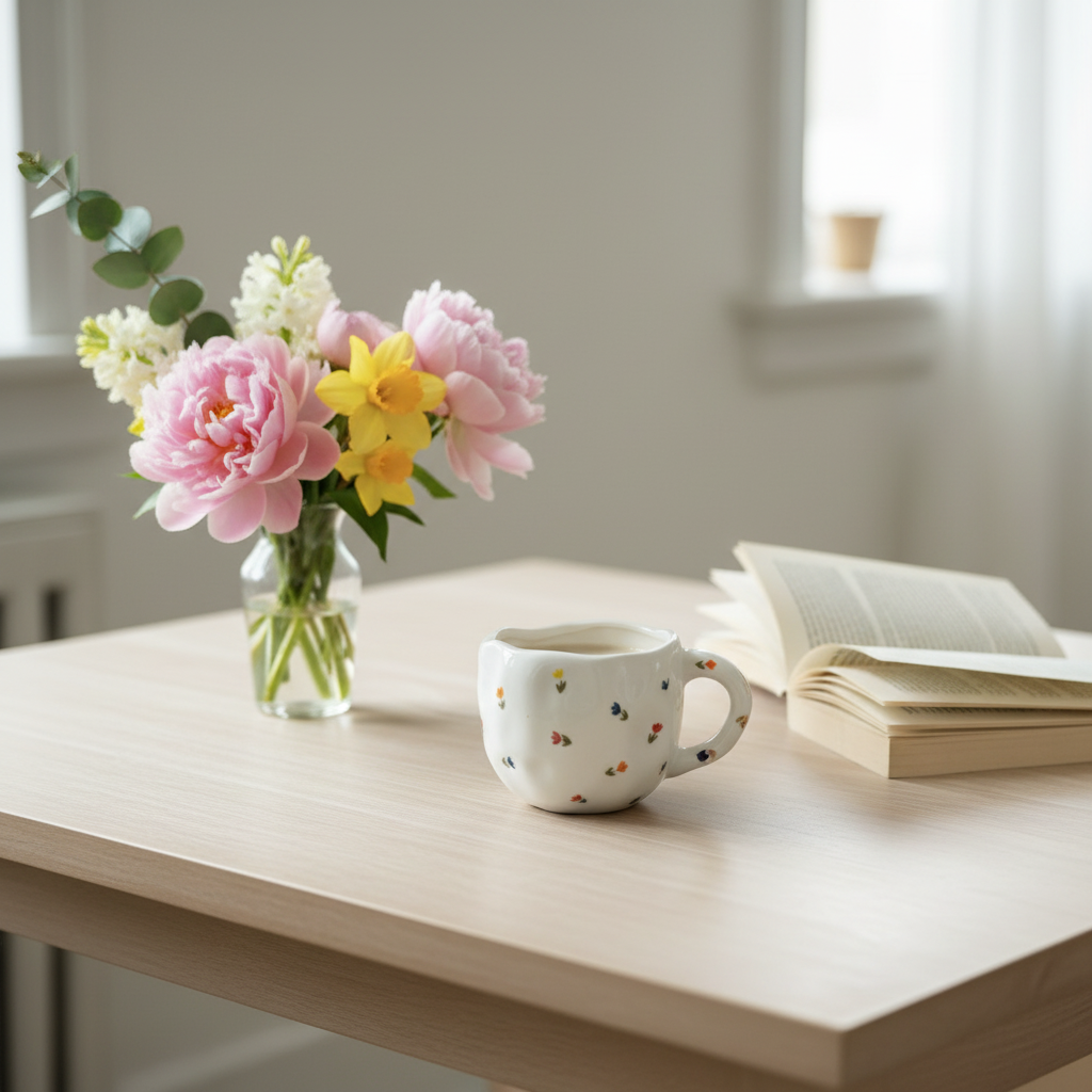 Tasse tulipes colorées sur table bois avec fleurs printanières