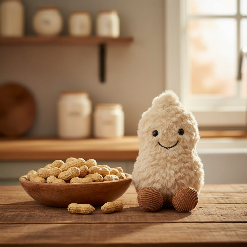 Jellycat Amuseable Cacahuète — Peluche cacahuète souriante en ambiance cuisine cosy