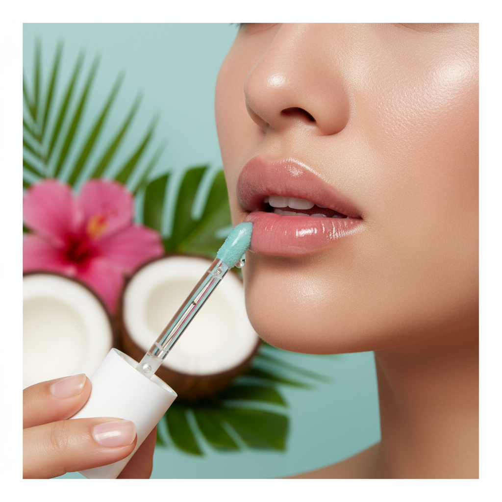 Femme qui applique l'huile à lèvres SOL Beauty Coconut Lip Oil, lèvres glossy et lumineuses