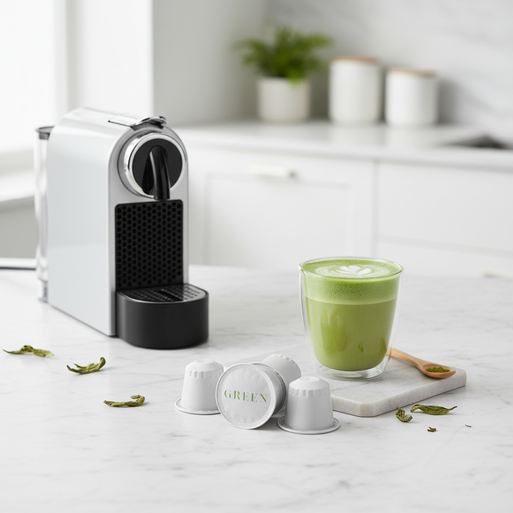 Capsules matcha latte GREEN sur marbre avec latte crémeux et feuilles de thé