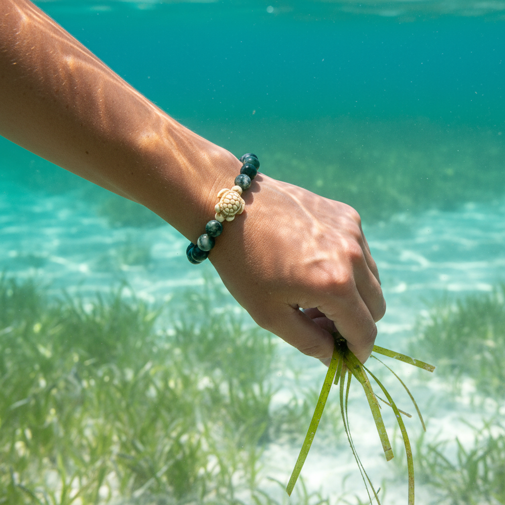 Bracelet Fahlo Tortue de Mer Seagrass porté au poignet en milieu tropical