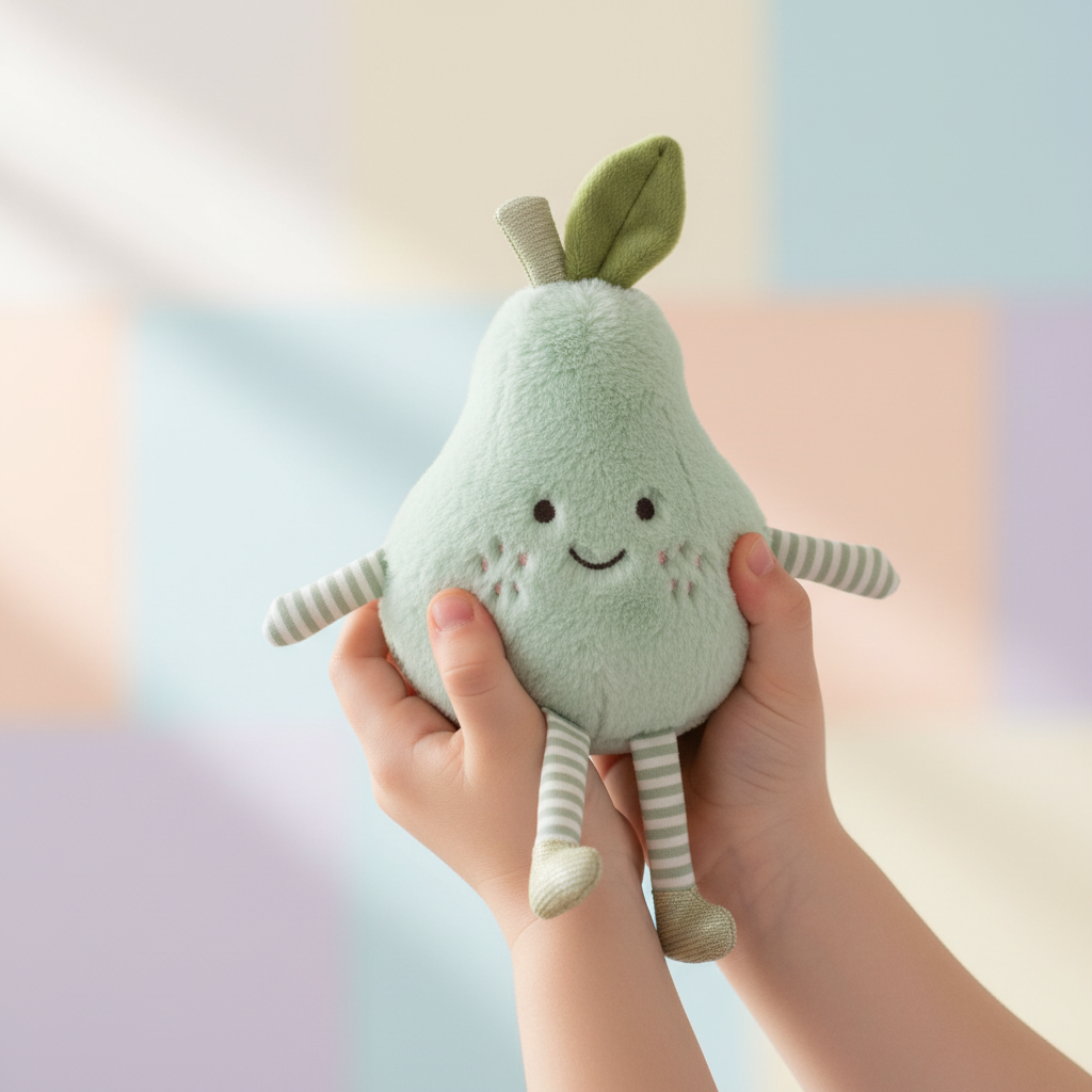 Poire Perfect Verte peluche tenue par les mains d'un enfant