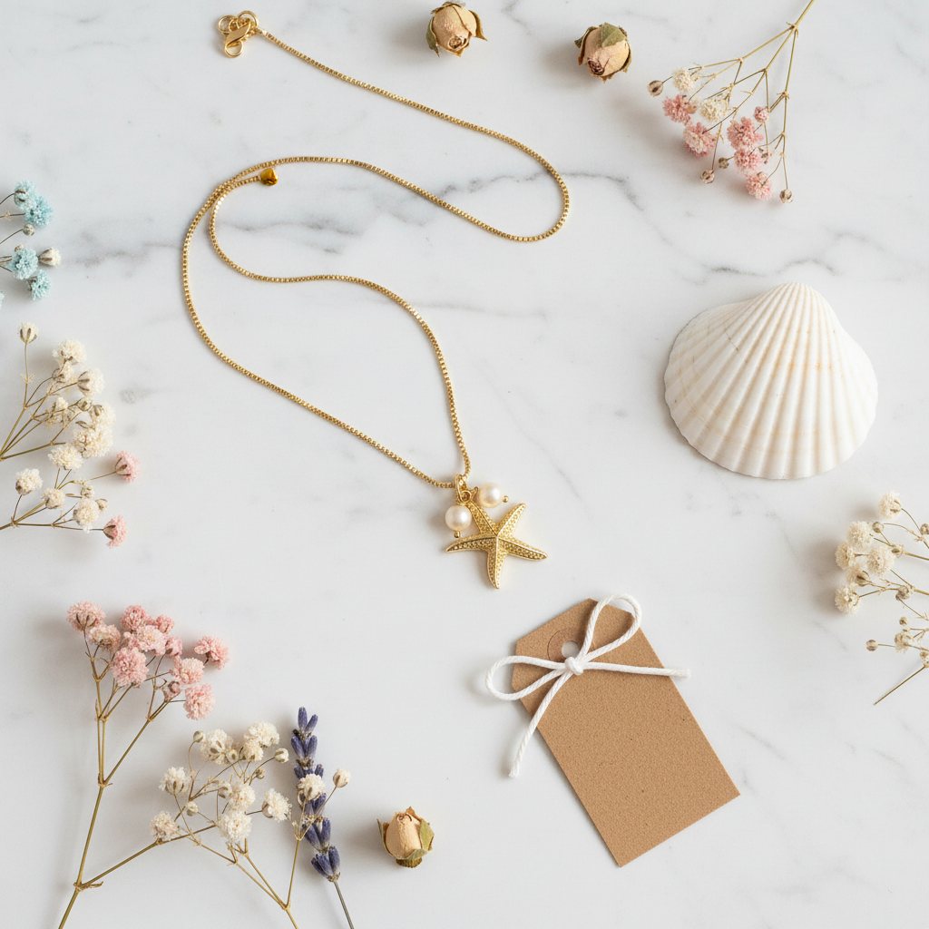 Flat lay collier Kelly étoile de mer sur marbre blanc