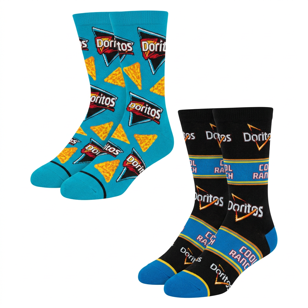 Deux paires de chaussettes Doritos Cool Ranch, bleues et noires, sur fond blanc sans texte ajouté.