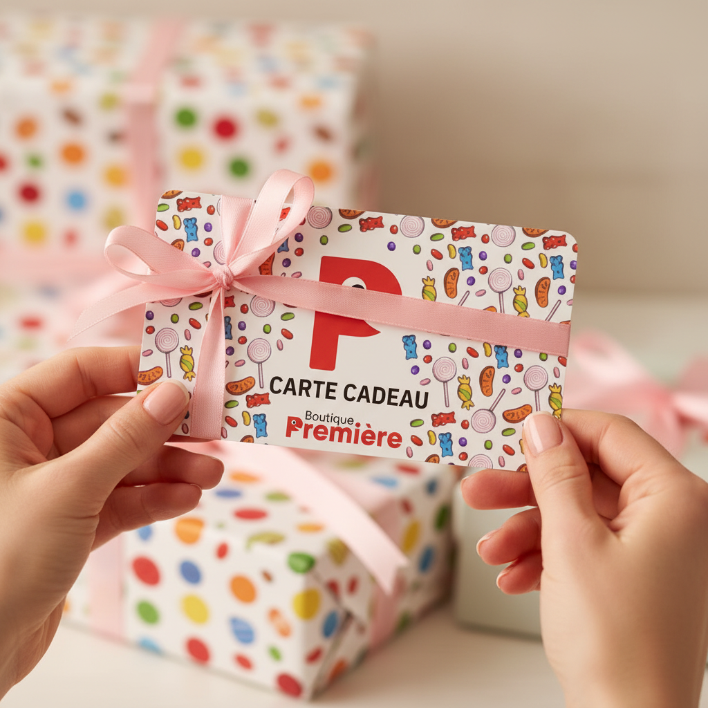 Carte-cadeau Boutique Première tenue dans les mains avec ruban rose et emballage cadeau
