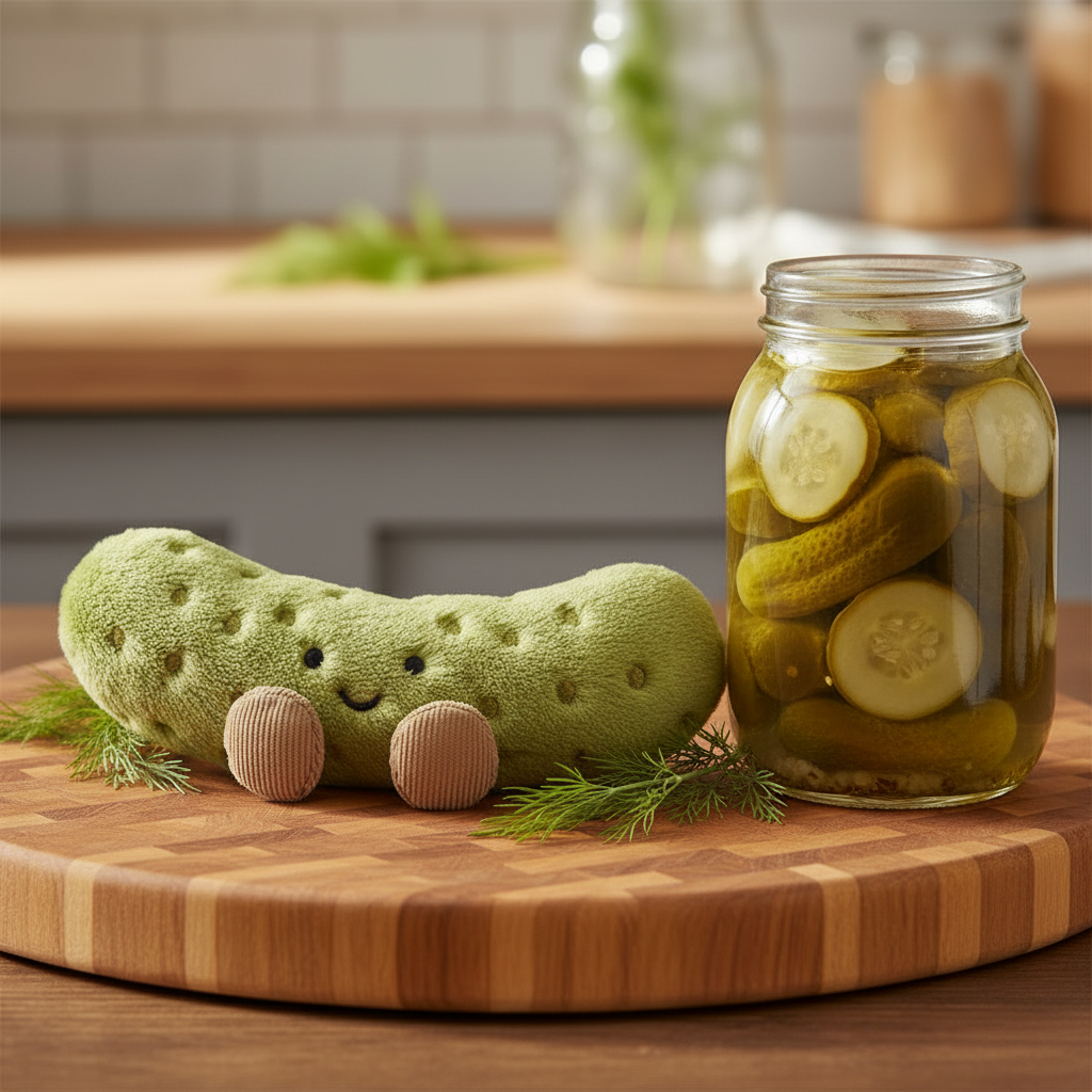 Jellycat Amuseable Pickle — Peluche cornichon souriant avec pot de cornichons en verre et aneth