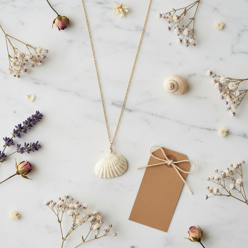 Flat lay collier Alana coquillage naturel sur marbre blanc