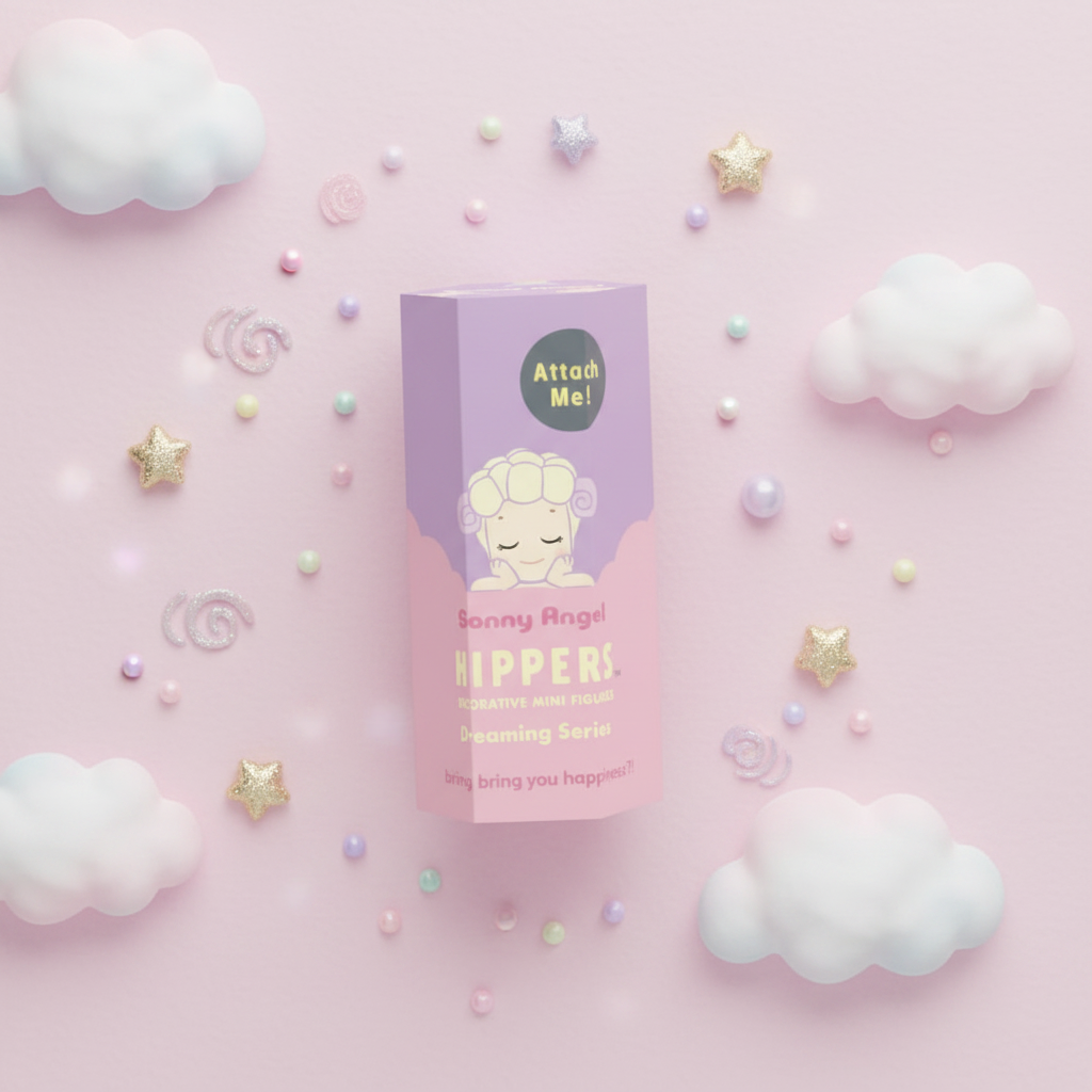 Boîte Hippers Dreaming Series sur surface pastel rose avec nuages et étoiles décoratifs