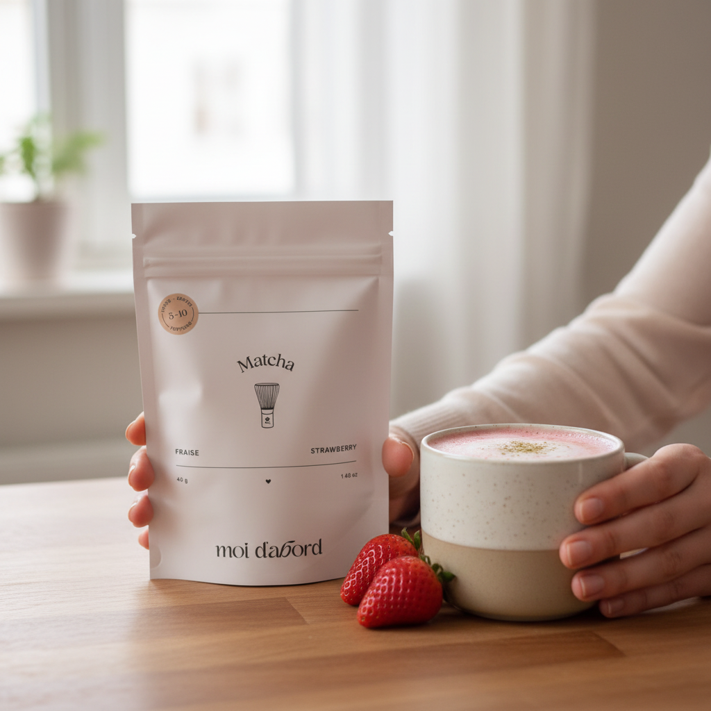 Mains tenant le sachet Matcha Fraise rosé Moi d'abord avec un latte rose