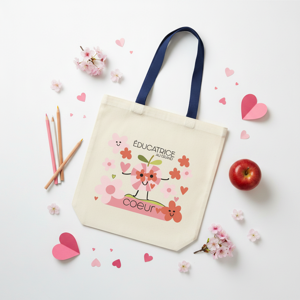 Sac cabas Éducatrice flat lay avec pomme rouge et fleurs roses