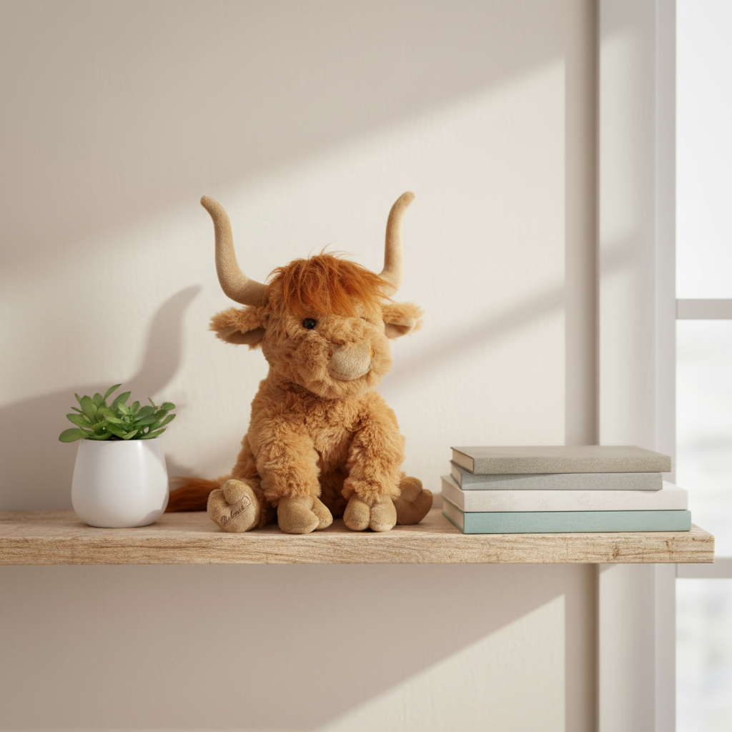 Boeuf Henderson peluche sur étagère en bois avec plante et livres
