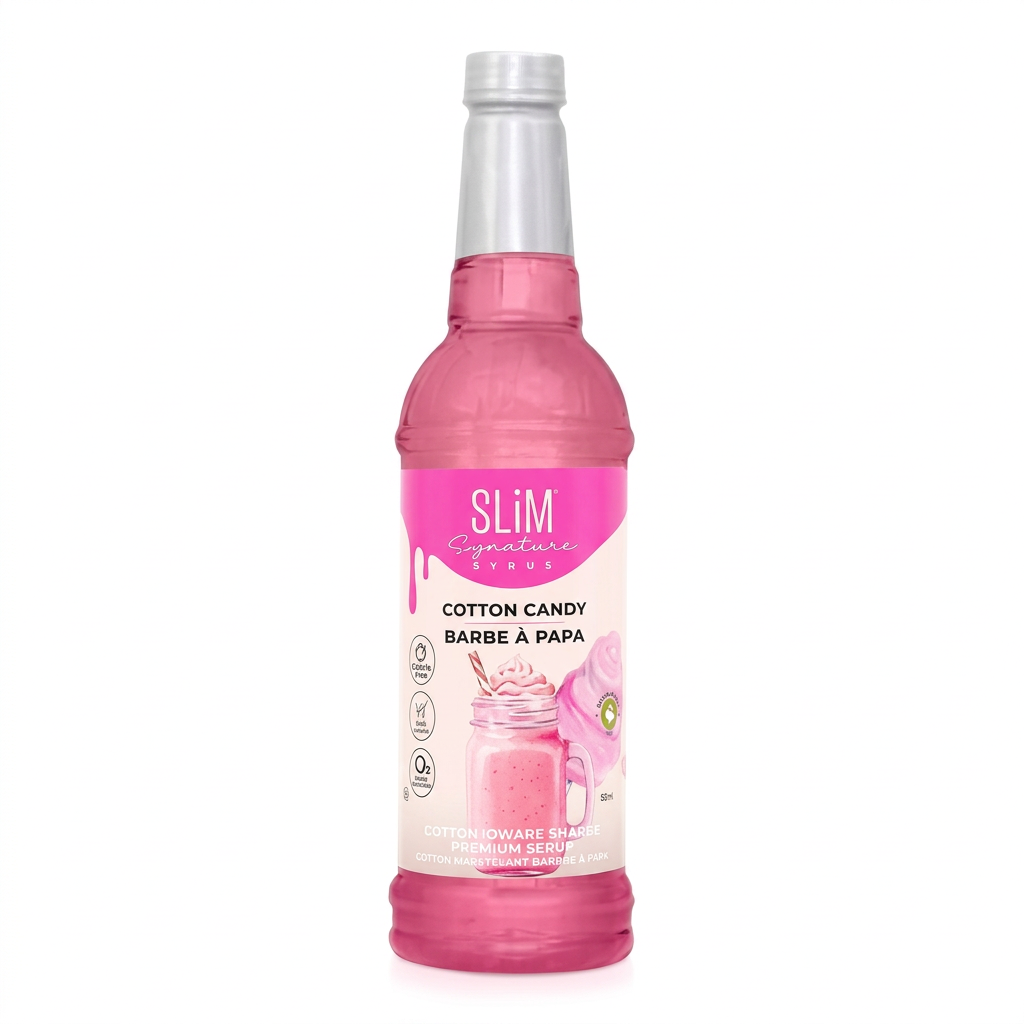 Bouteille de sirop barbe à papa Slim centrée sur un fond blanc, format carré.