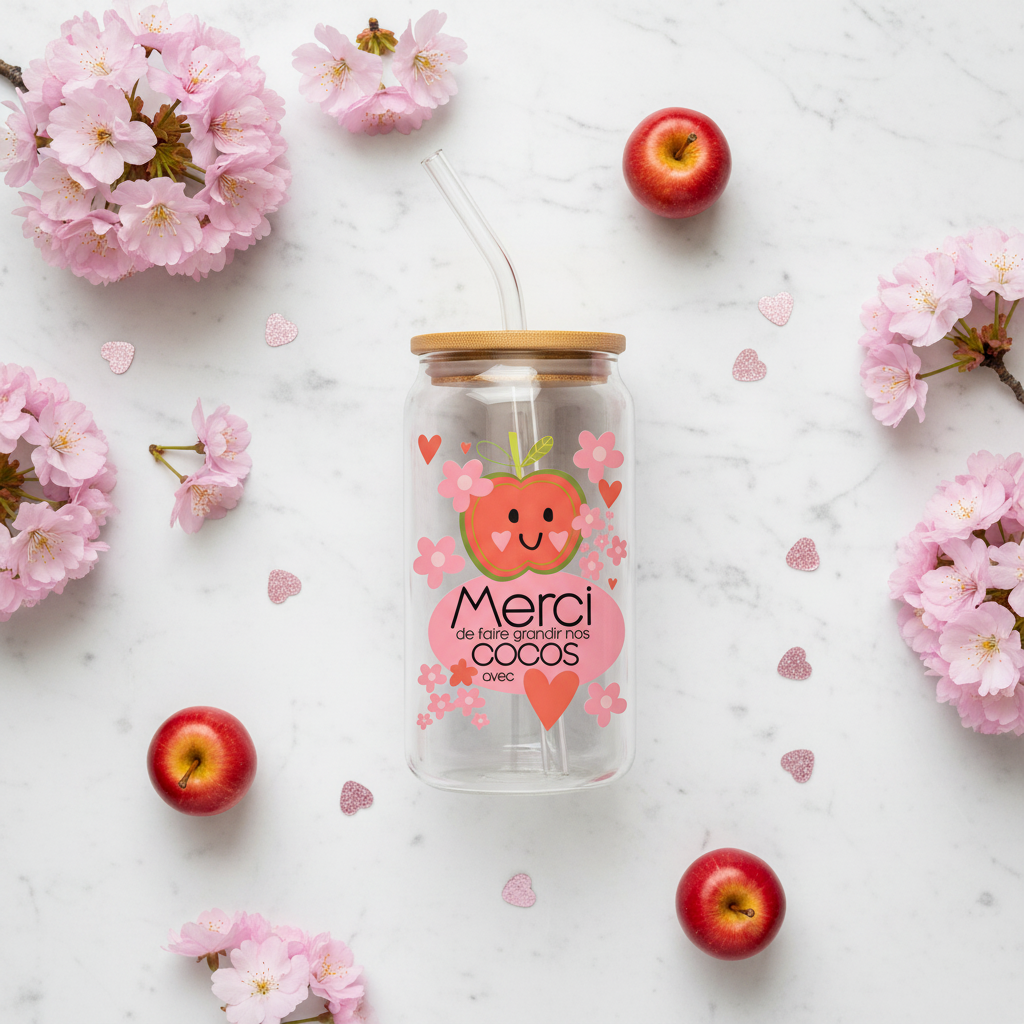Flat lay verre Pom kawaii pomme fleurs roses