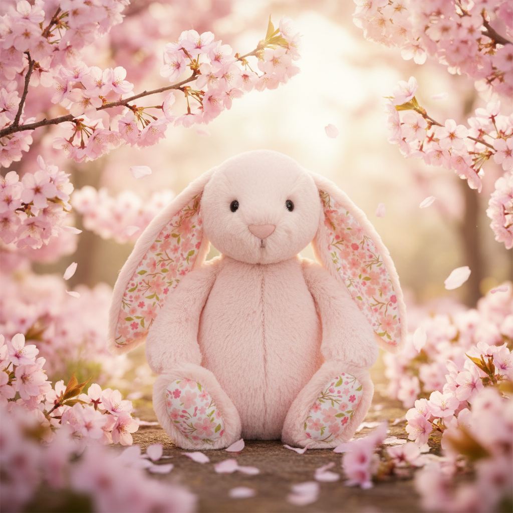 Jellycat Lapin Blossom Blush Cherry — Peluche lapin rose blush dans un jardin de cerisiers en fleurs