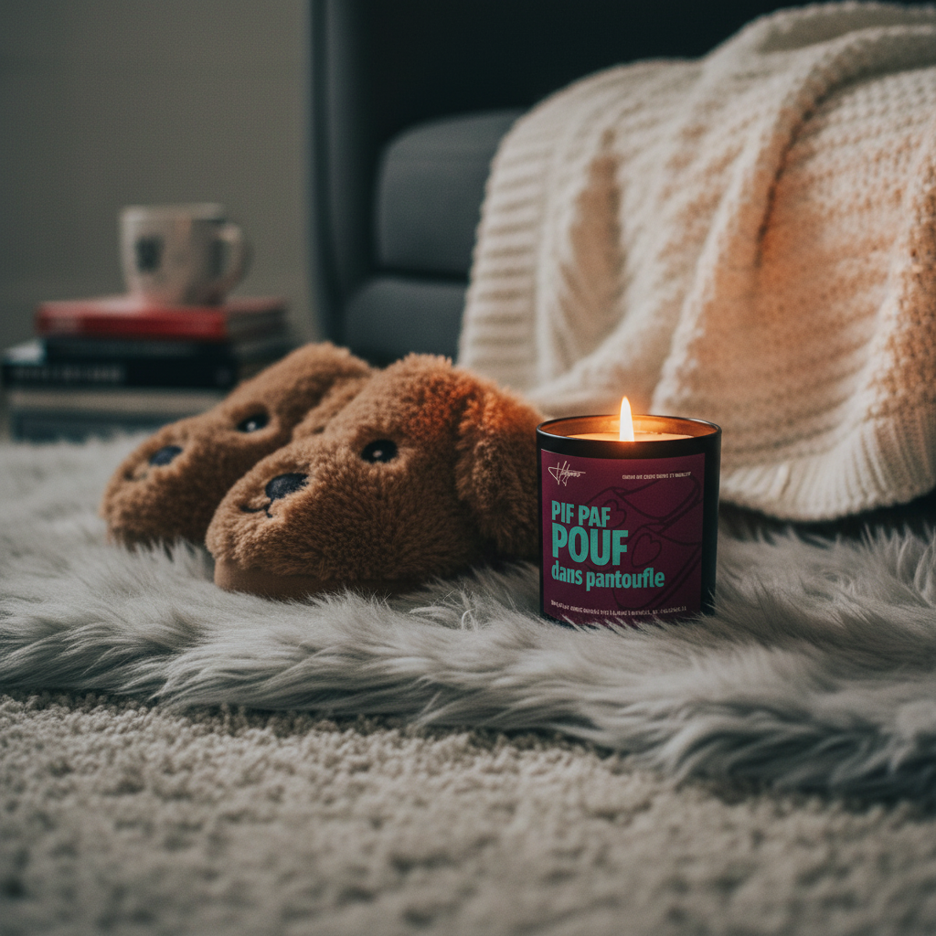 Bougie Vulgaire Pif Paf Pouf allumée ambiance cosy avec pantoufles