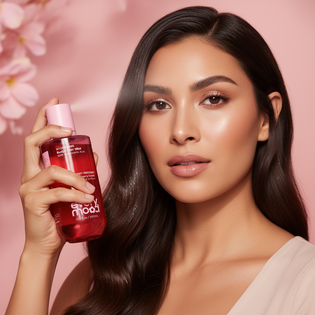 Femme vaporisant la brume Every Mood Strawberry Cream sur ses cheveux brillants et hydratés