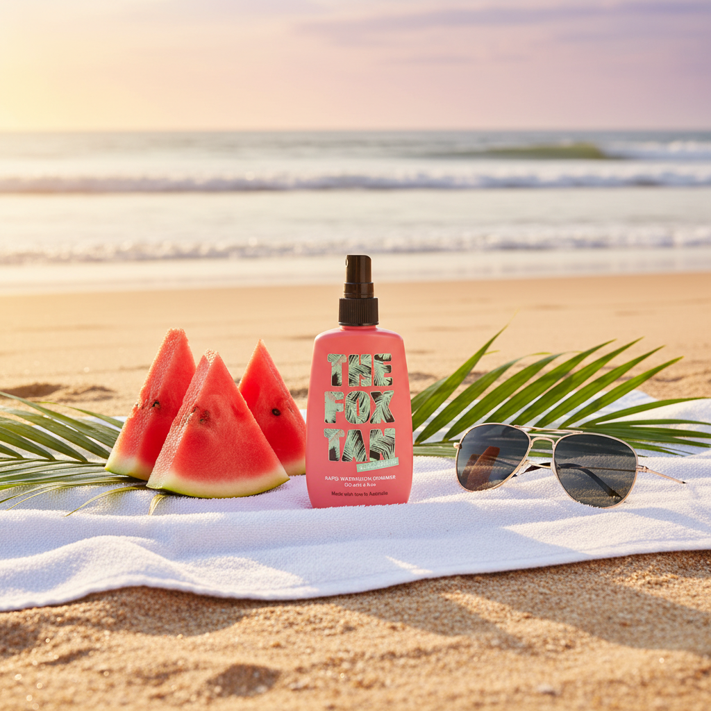 The Fox Tan Accelerate Watermelon Shimmer à la plage avec pastèque et feuilles tropicales
