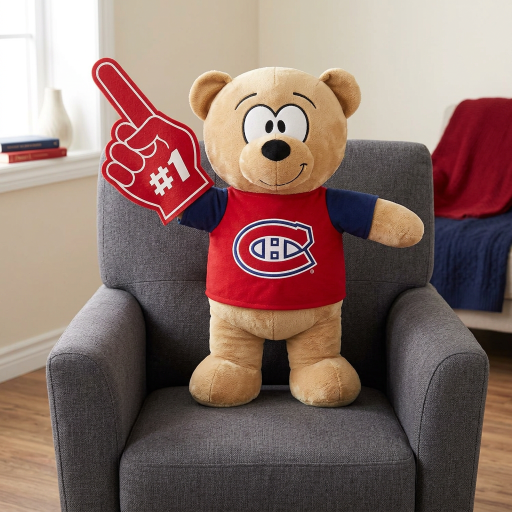 Ours en peluche des Canadiens de Montréal de 24 pouces présenté sur un fauteuil, vue rapprochée.
