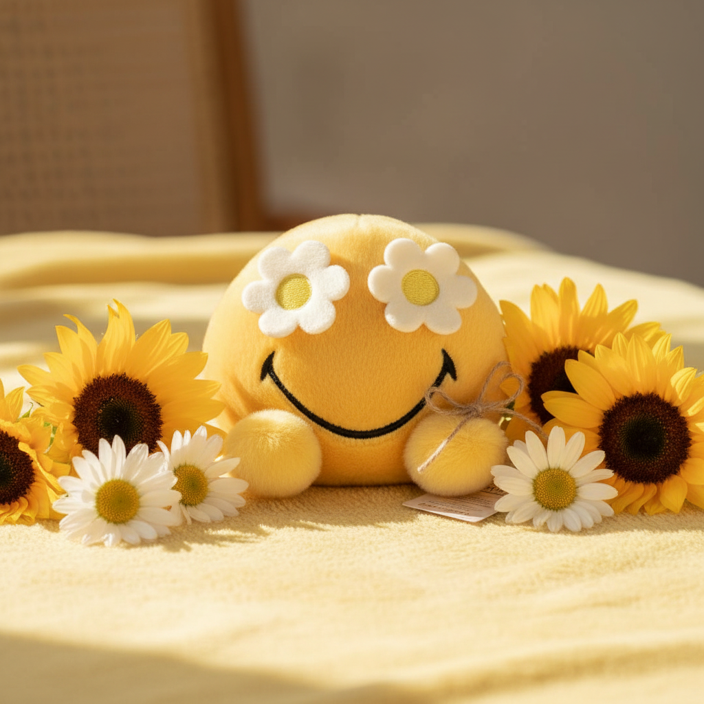 Peluche smiley SmileyWorld Fleurs Aurora dans ambiance fleurie boho lifestyle