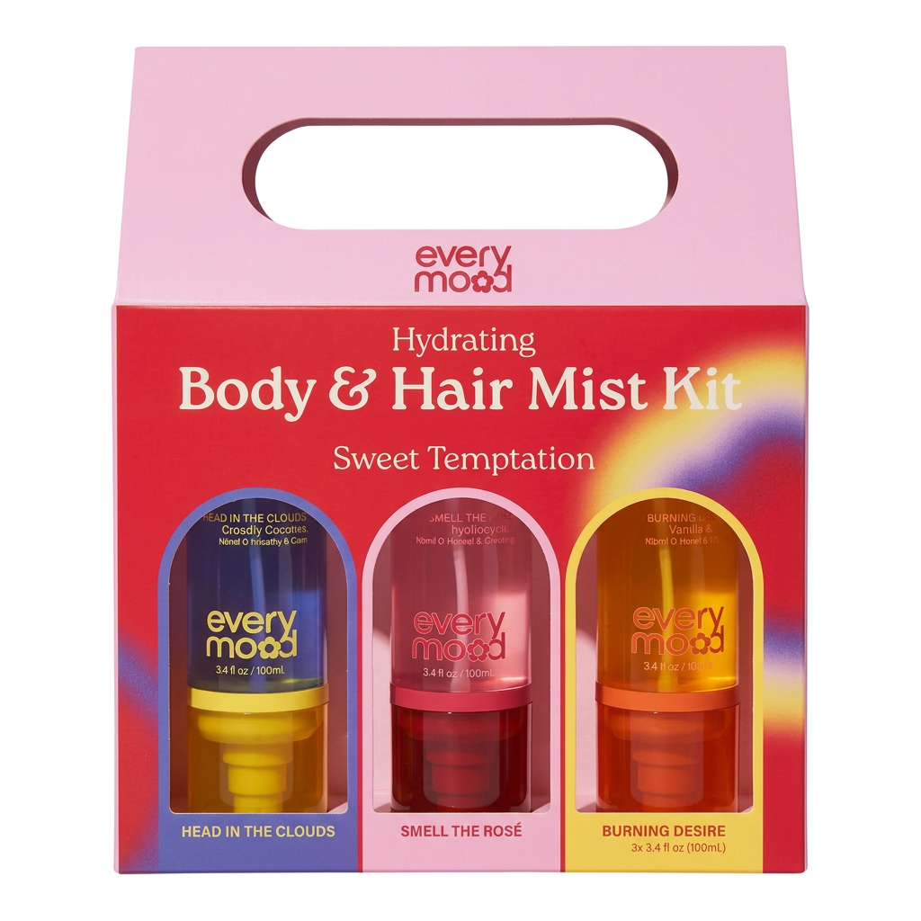 Coffret Everymood Sweet Temptation de trois brumes corps et cheveux, présenté de face sur fond blanc.