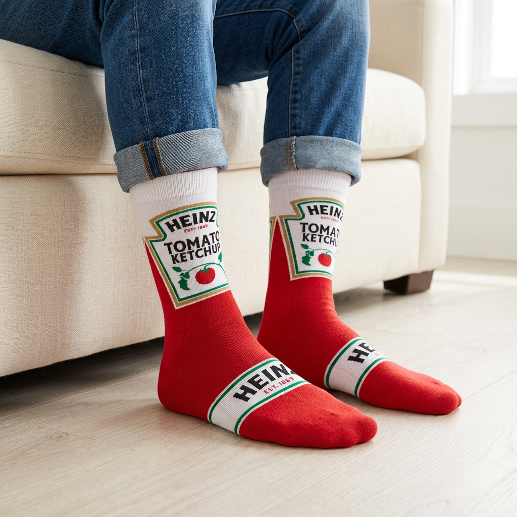 Homme en jeans portant les bas Heinz Tomato Ketchup rouges et blancs dans un salon lumineux.