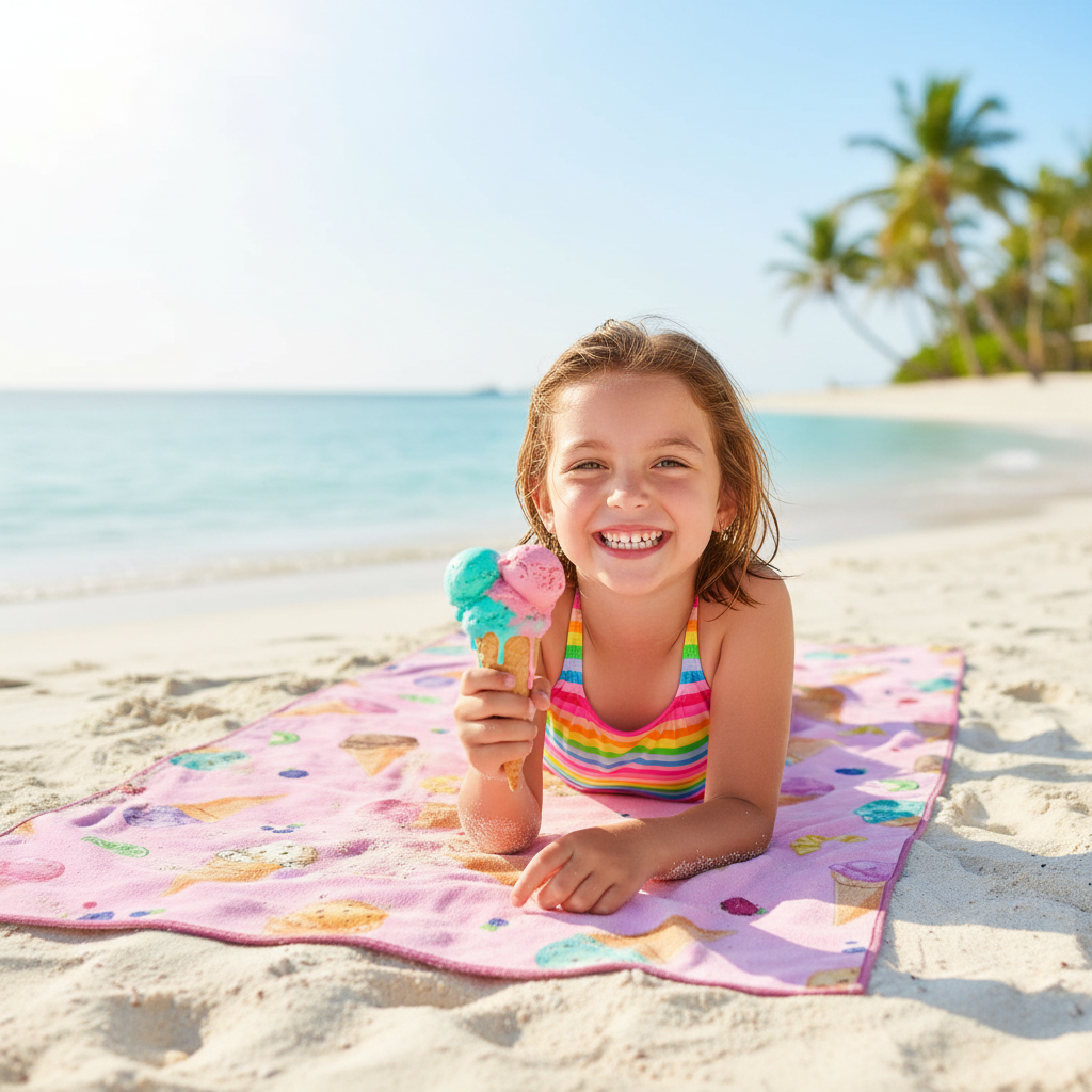 Serviette de plage Solem Mélodie Givrée - lifestyle enfant plage cornets de glace