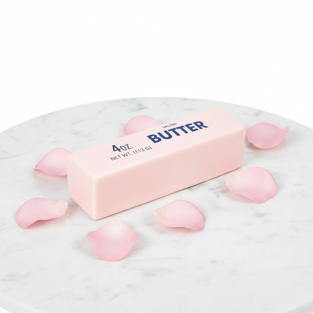 Beurre squishy rose 4 oz sur marbre blanc avec pétales de roses