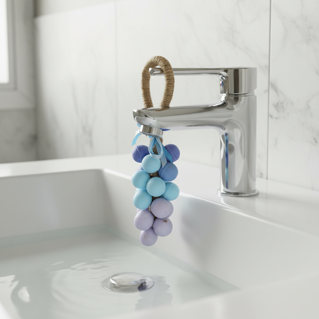Savon sur corde bleuets Savonnerie Relief accroché au robinet