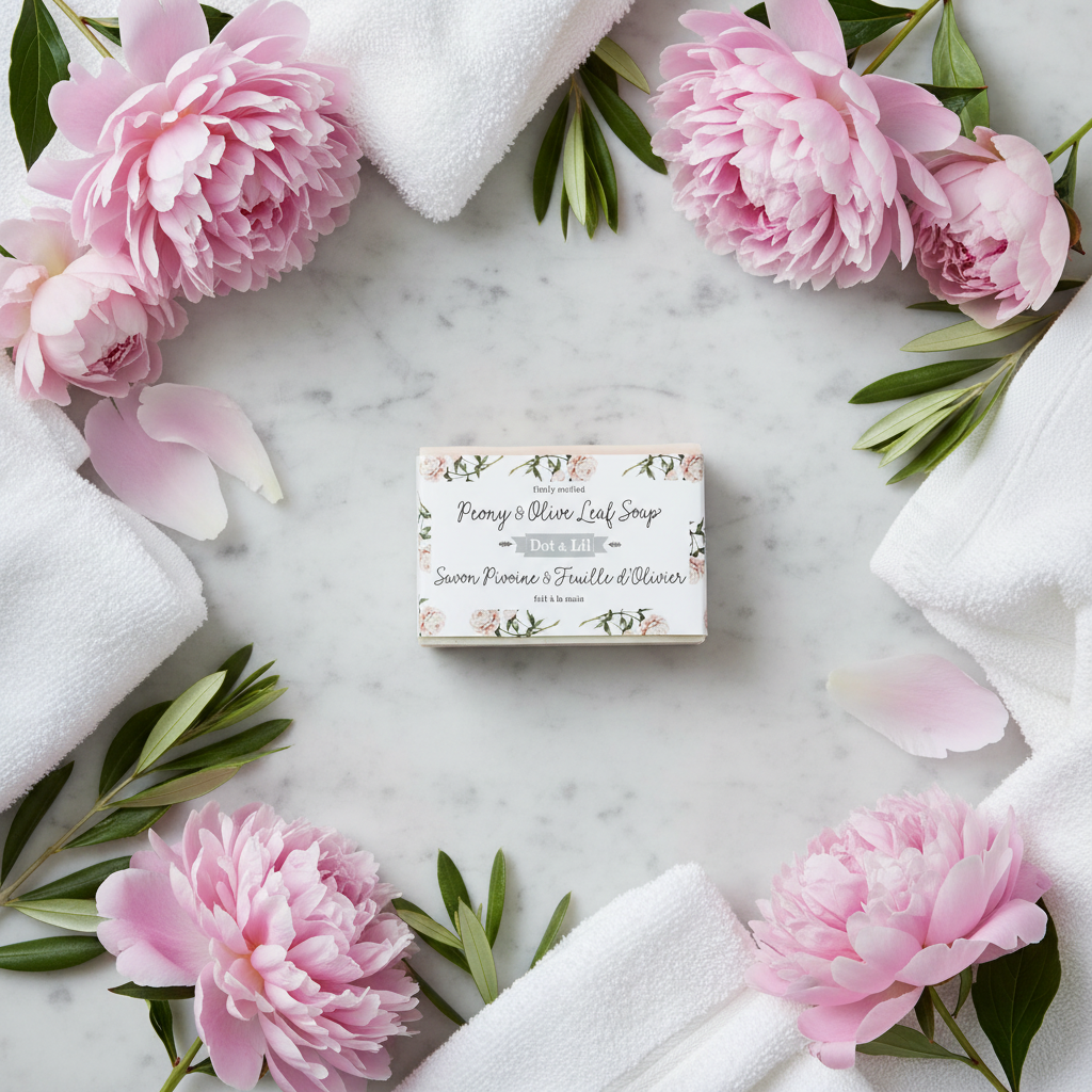 Savon artisanal Dot & Lil Pivoine & Feuille d’Olivier sur marbre avec fleurs roses et branches d’olivier, ambiance luxueuse
