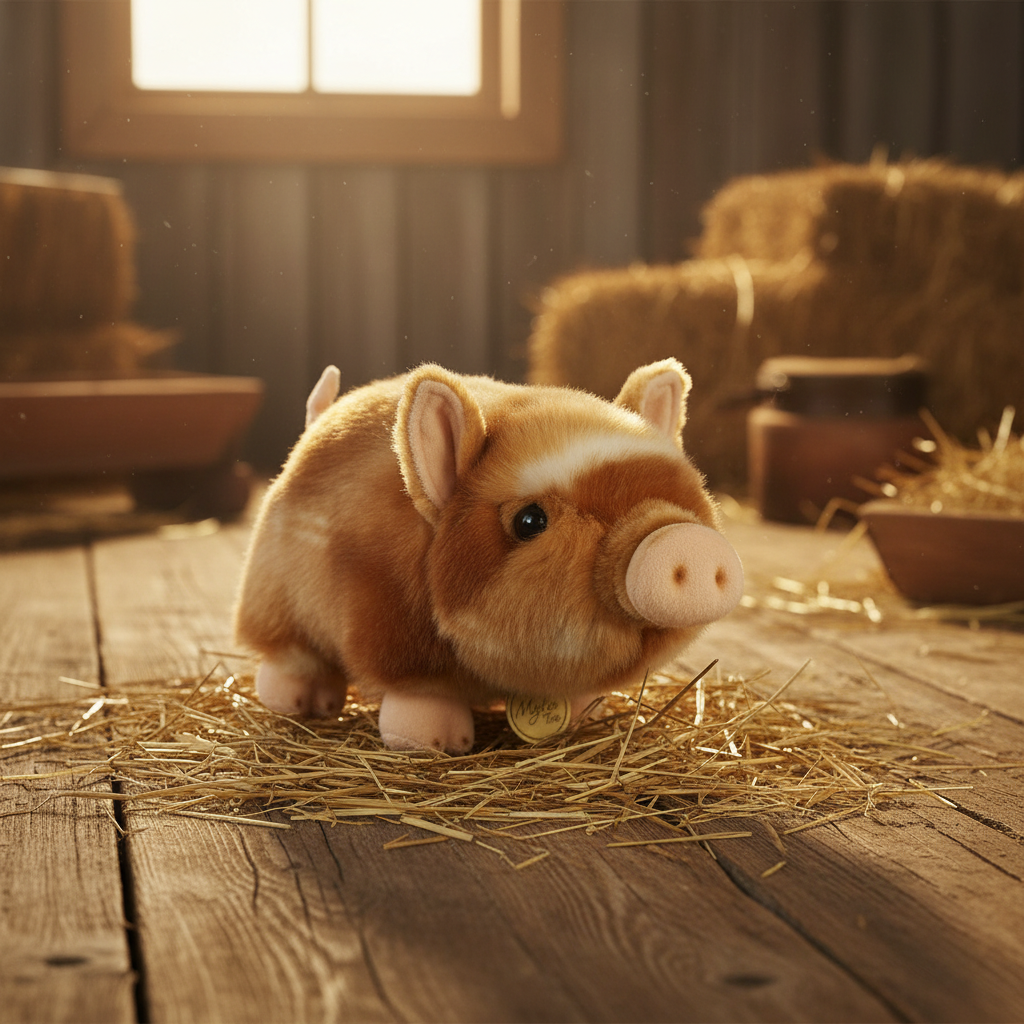 Peluche cochonnet pot-bellied bicolore brun Aurora Miyoni dans ambiance ferme lifestyle