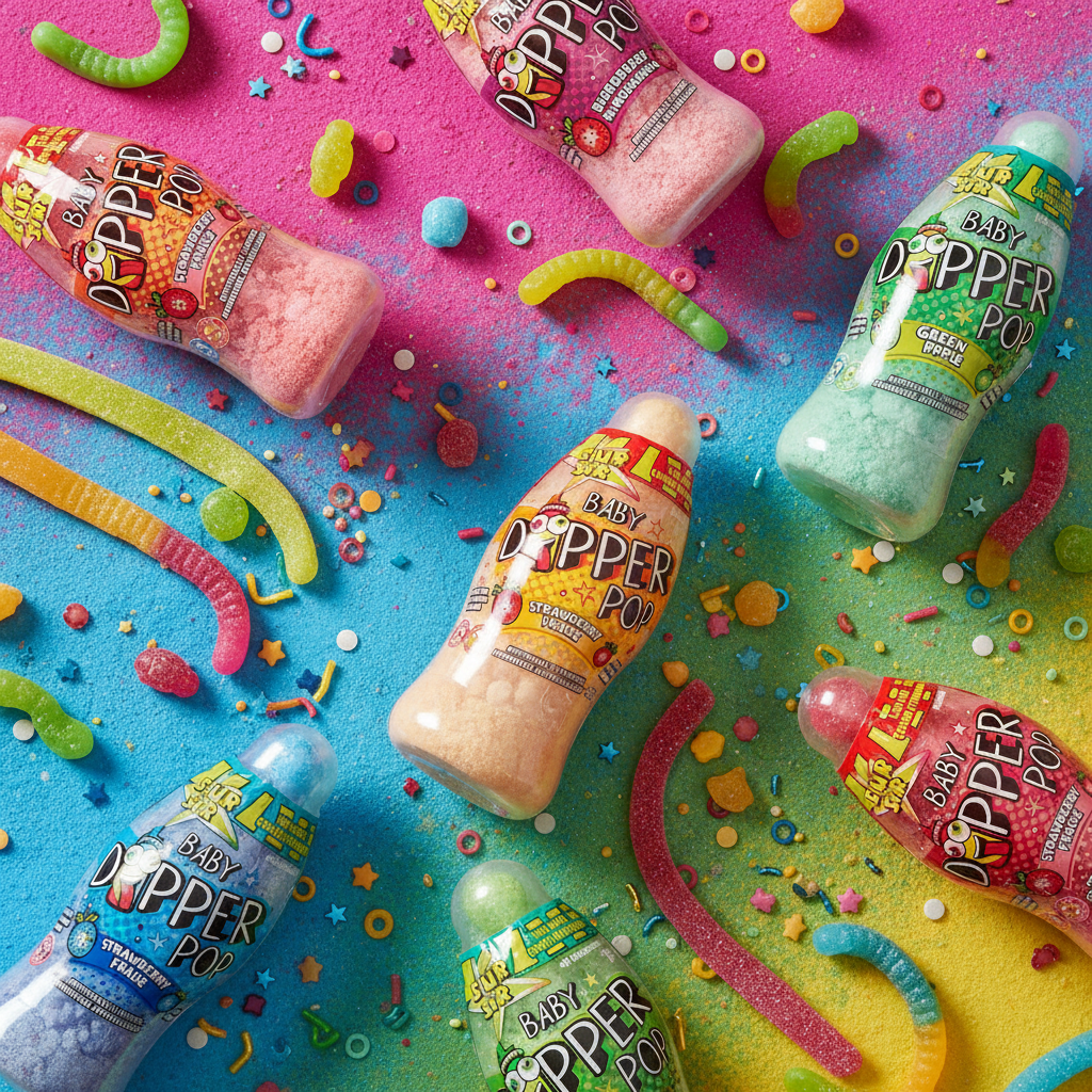 Plusieurs Baby Dipper Pop Sour saveurs différentes sur surface colorée
