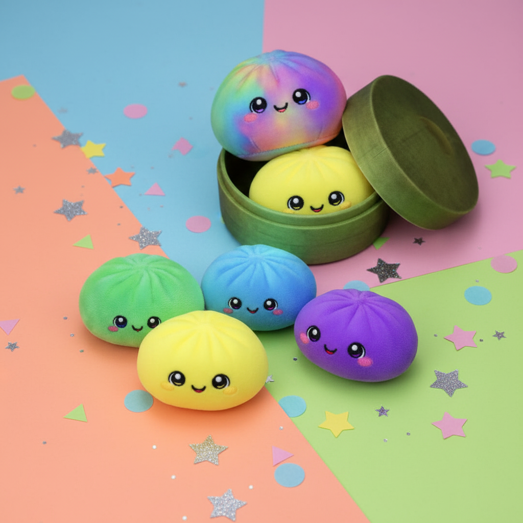 Dumplings peluche colorés sur surface festive avec confettis et étoiles