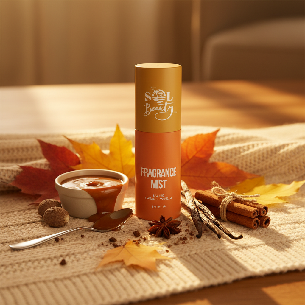 Flacon spray Sol Beauty Caramel Vanille avec sauce caramel, gousses de vanille et cannelle sur surface chaleureuse