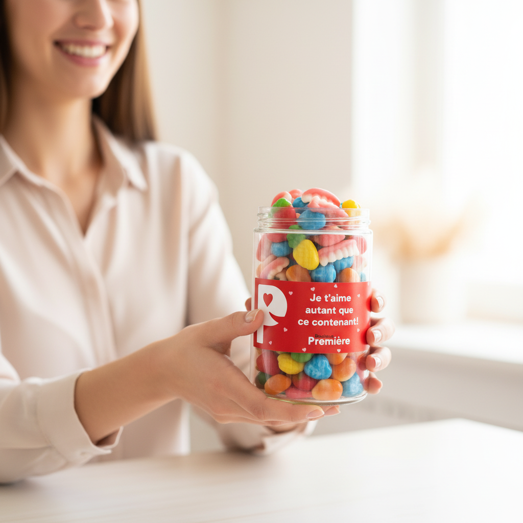 Pot de jujubes réutilisable Je t'aime autant que ce contenant, offert dans une ambiance tendre