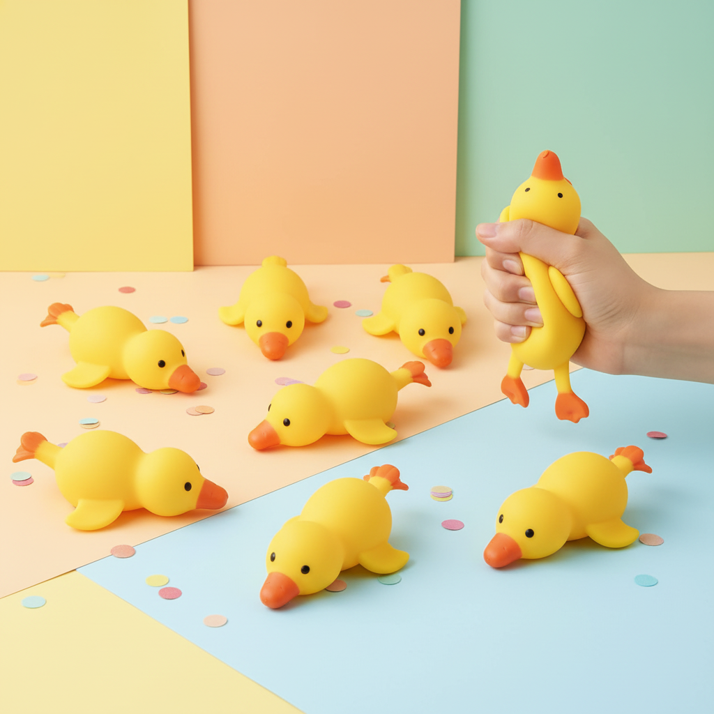 Photo lifestyle fun et colorée – canards squishy Pinching Duck sur fond pastel avec confettis
