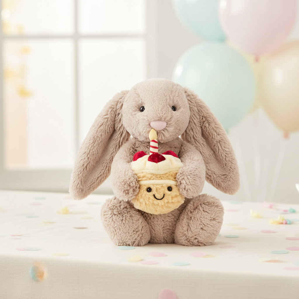 Peluche lapin Jellycat beige tenant un gâteau d'anniversaire, ambiance festive