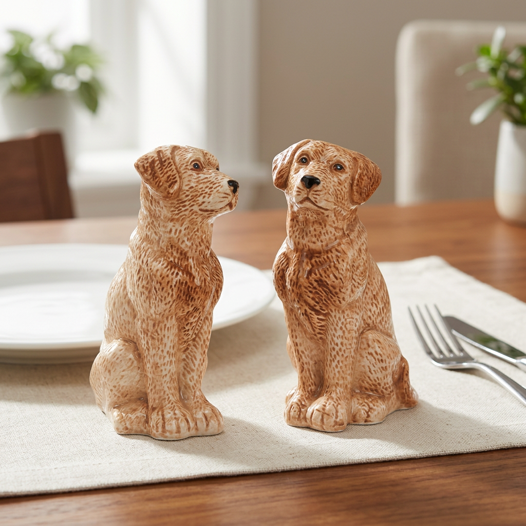 Ensemble salière et poivrière en forme de chiens beige et caramel sur une table dressée avec du linge crème.