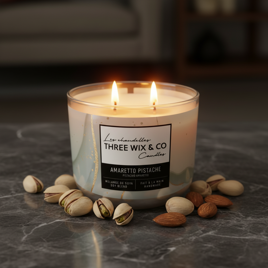 Chandelle 3 mèches Amaretto Pistache Three Wix & Co allumée sur marbre sombre, ambiance cosy et sophistiquée