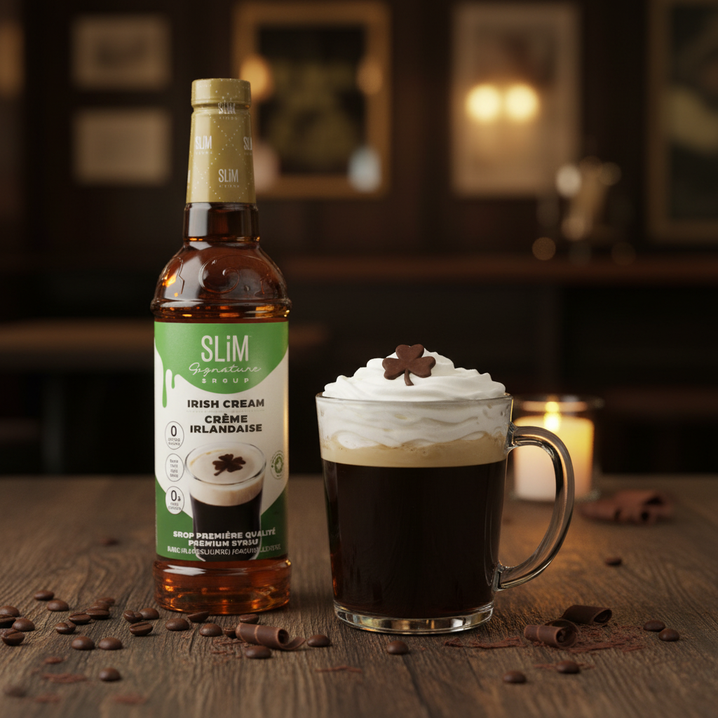 Sirop SLiM Crème Irlandaise avec Irish coffee, crème fouettée et décoration chocolat, ambiance pub irlandais