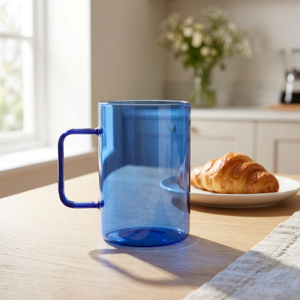Tasse transparente bleue Vidrio Abbott sur une table de déjeuner en bois clair.