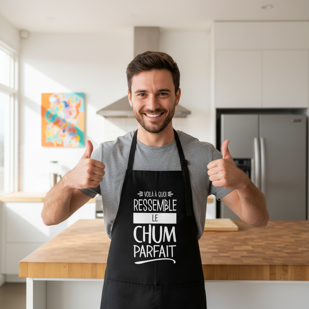 Homme souriant avec tablier Chum Parfait se pointant avec les pouces - format carré