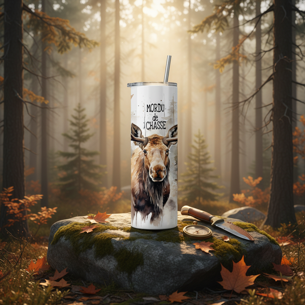 Gobelet isotherme Mordu de Chasse Orignal - décor forêt automnale québécoise