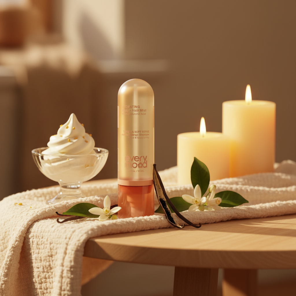 Flacon spray Every Mood Vanilla Soft Serve sur surface élégante avec gousses de vanille, fleurs d’oranger et bougies