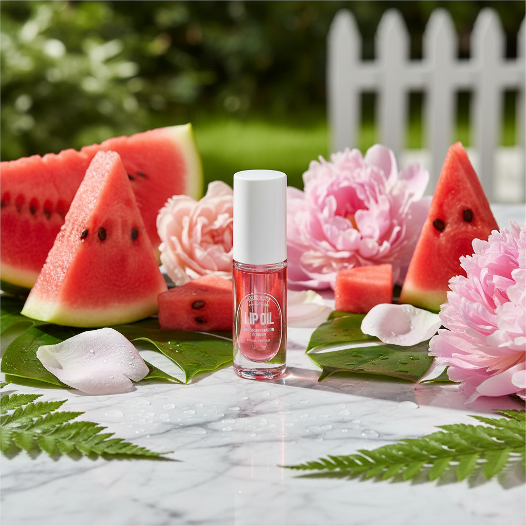 Flacon huile à lèvres Watermelon avec tranches de melon d’eau, fleurs roses et feuilles vertes