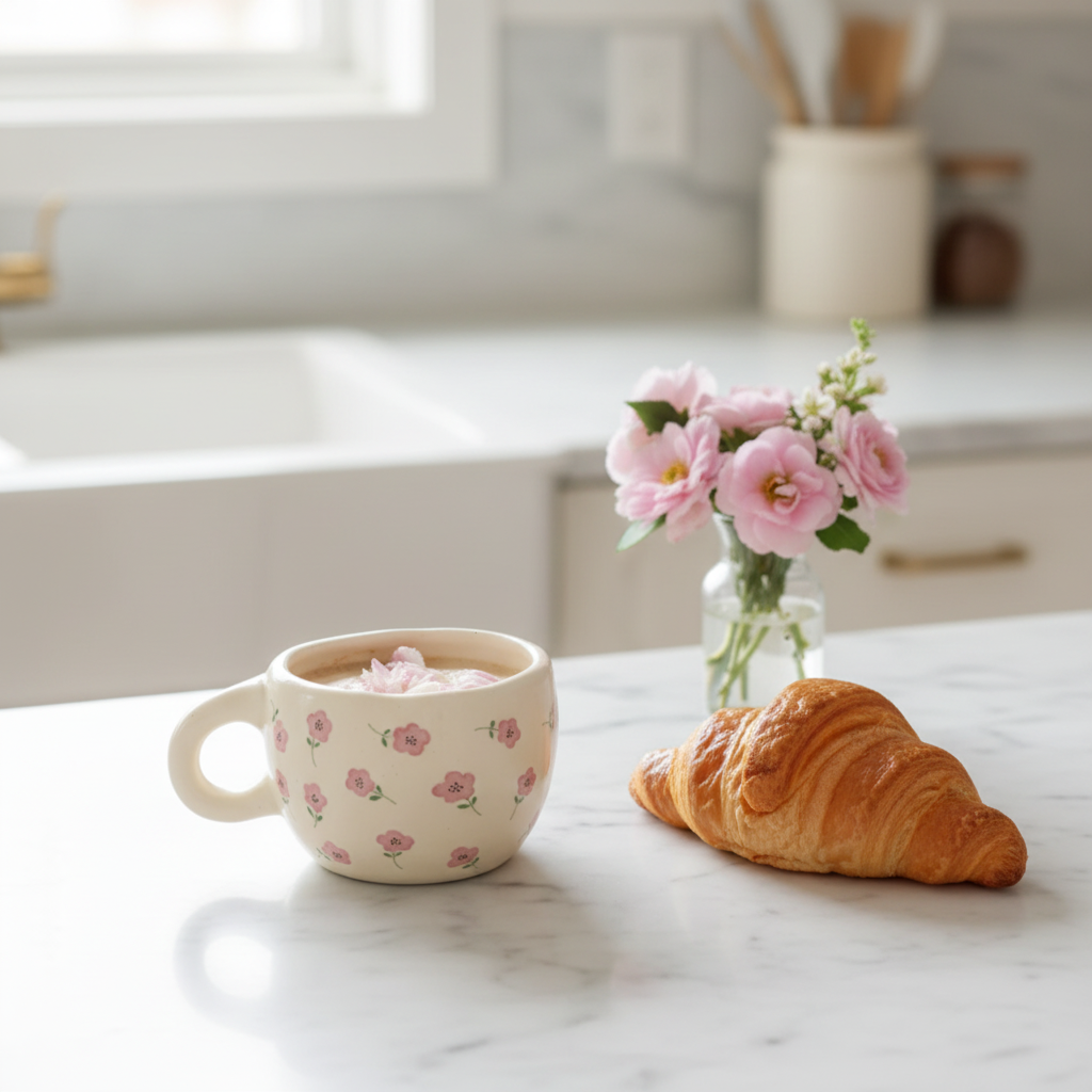 Tasse Roseline sur comptoir marbre avec croissant et fleurs