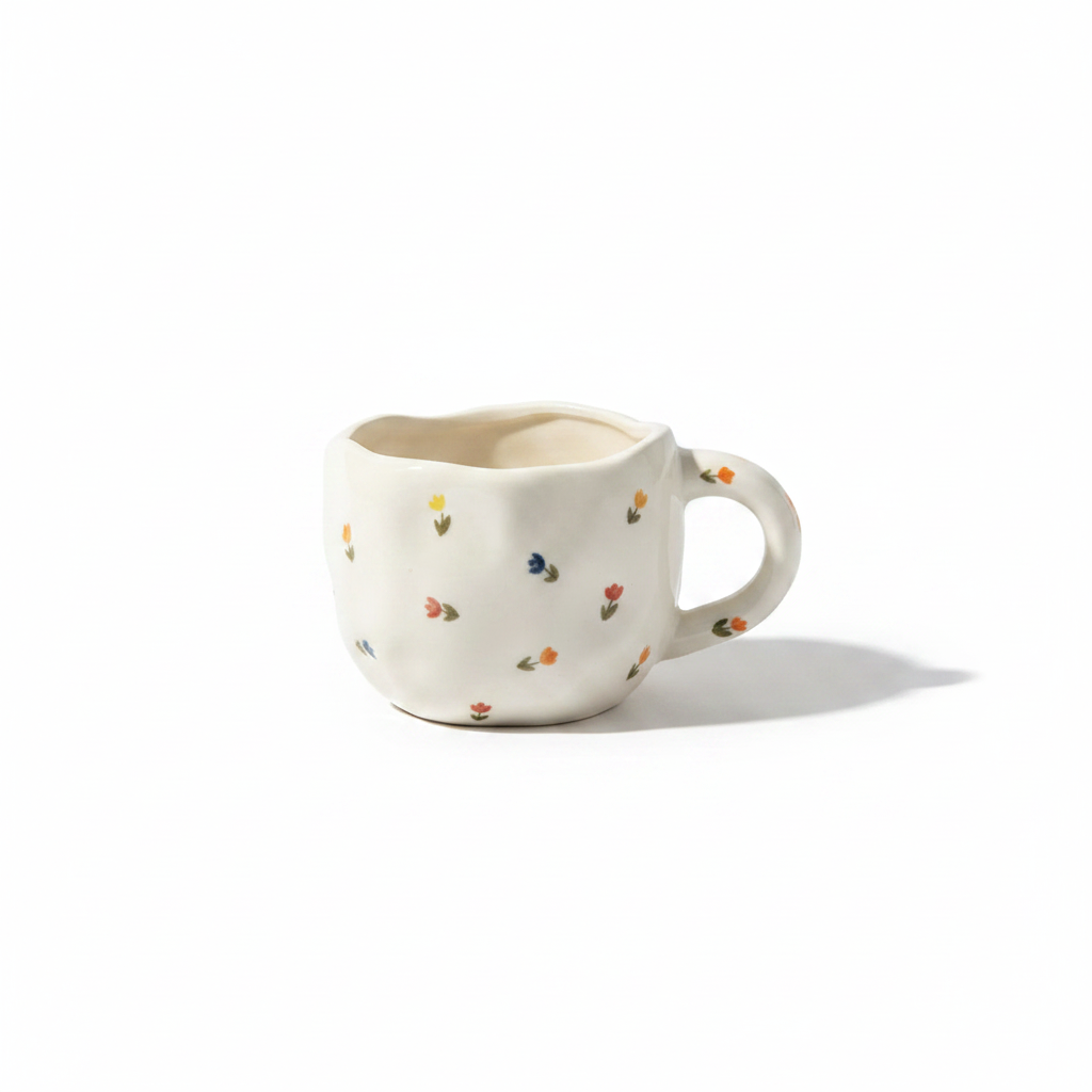 Tasse céramique tulipes colorées sur fond blanc