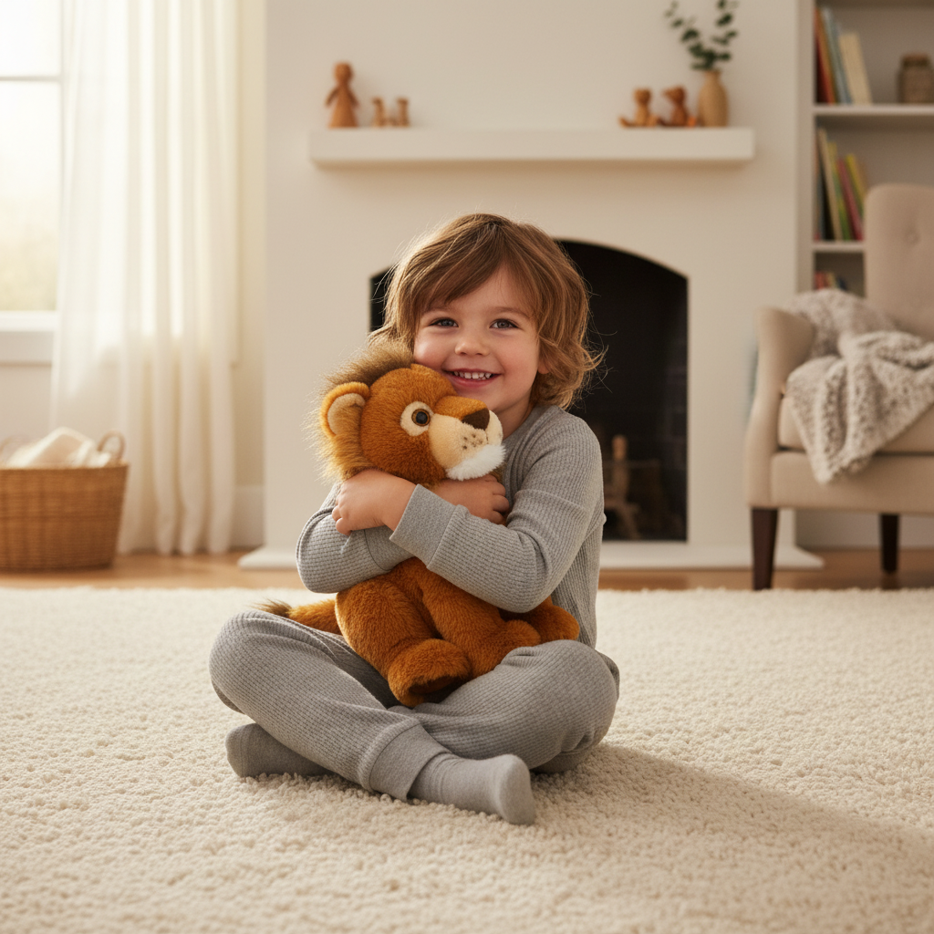 Enfant câlinant la peluche lion Fahlo