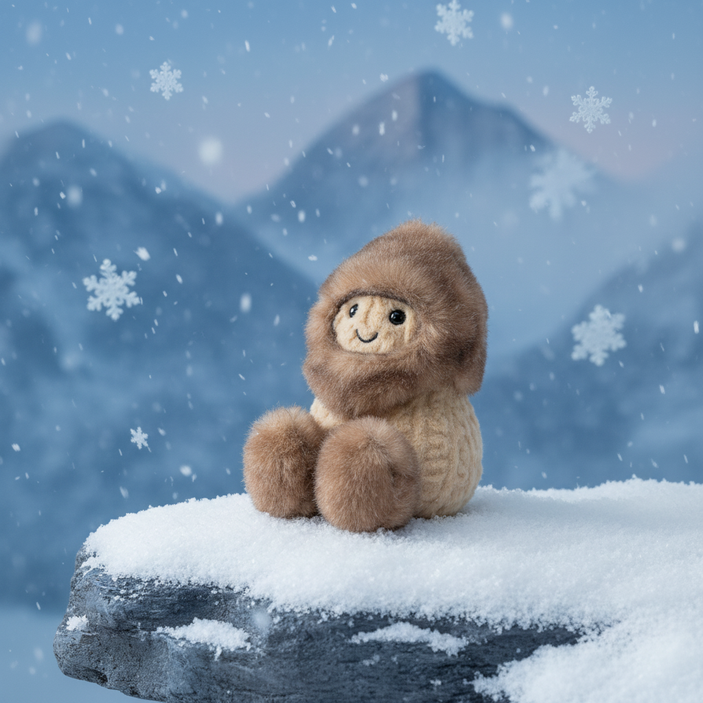 Jellycat Amuseable Peanut Yeti Outfit — Peluche cacahuète déguisée en yéti en ambiance montagne enneigée