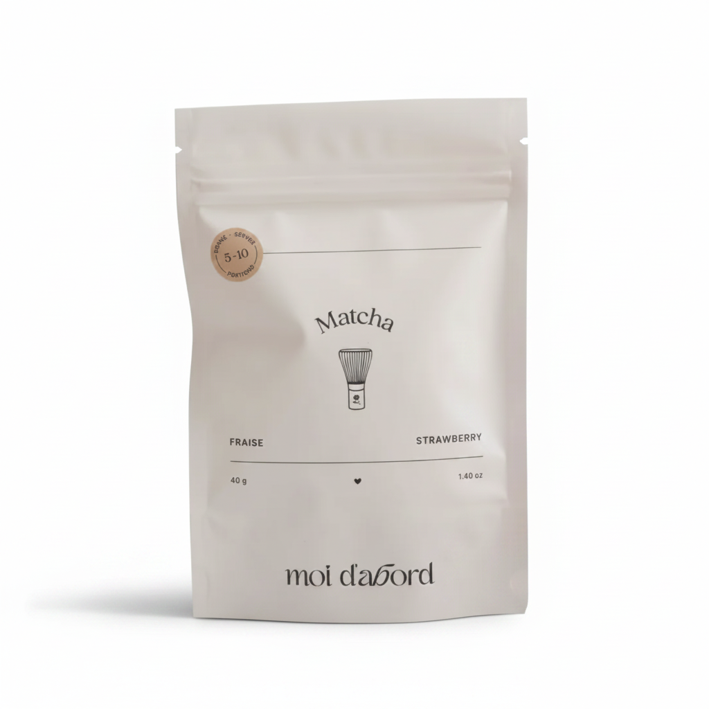 Sachet Matcha Fraise rosé Moi d'abord sur fond blanc
